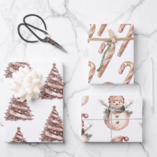 Feuille De Papier Cadeau Rose Gold Noël Arbre Sucres de canne Snowman