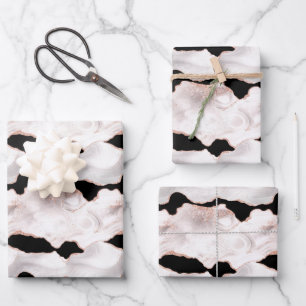 Feuille De Papier Cadeau Rose Gold Pailleté Agate Tourbillon Noir Blanc
