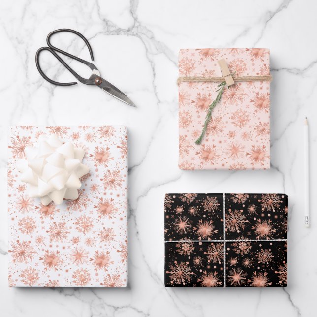Feuille De Papier Cadeau Rose Gold Snowflakes d'hiver sur Motif blanc (Recto)
