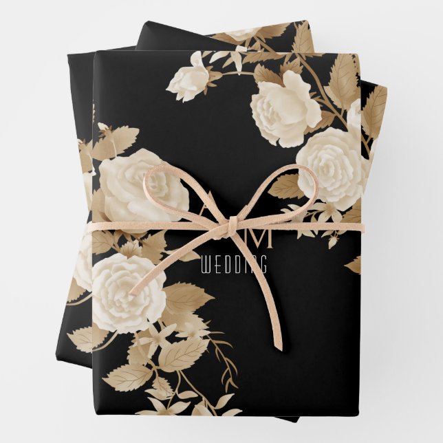 Feuille De Papier Cadeau Rose mariage Monogramme noir (En situation)