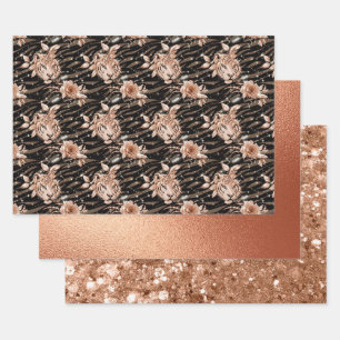 Feuille De Papier Cadeau Rose noire Glam Glitter or Tigre Floral
