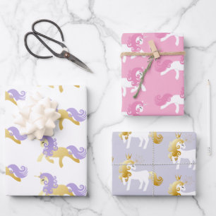 Feuille De Papier Cadeau Rose or blanc Lavande violet Unicorne