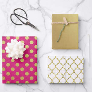 FEUILLE DE PAPIER CADEAU ROSE OR BLANC POIS & MOTIF DIAMOND