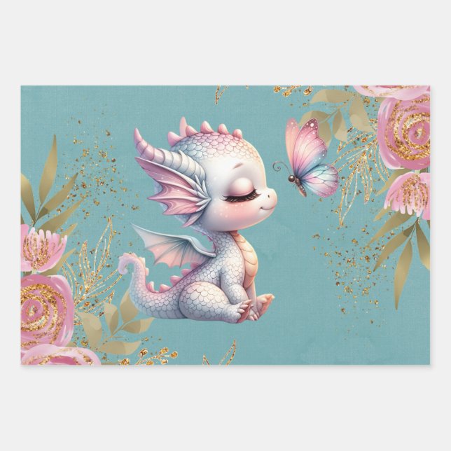 Feuille De Papier Cadeau Rose Or Floral Dragon Papillon Girl Baby Douche (Devant)