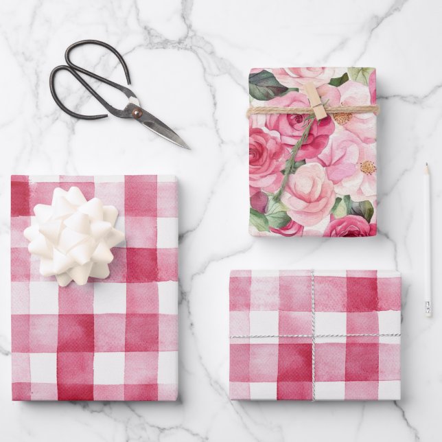 Feuille De Papier Cadeau Rose pâle à carreaux et rayures pour enterrement d (Recto)