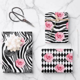 Feuille De Papier Cadeau Rose Pâle et Noir avec Rayures de Zèbre Shabby Chi