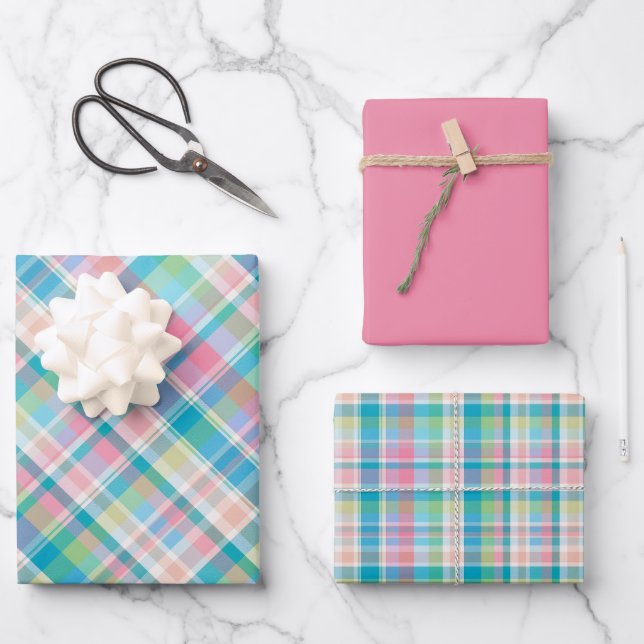 Feuille De Papier Cadeau Rose pastel, vert, bleu et blanc (Recto)