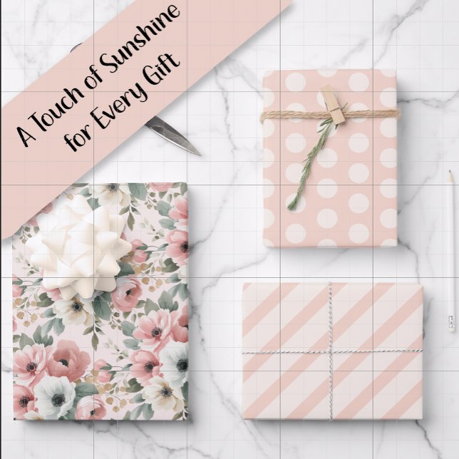 Feuille De Papier Cadeau Rose Points Blancs Aquarelle Rayures (Pink watercolor floral, pink and cream polka dots, and pink and cream-colored stripes gift wrap)