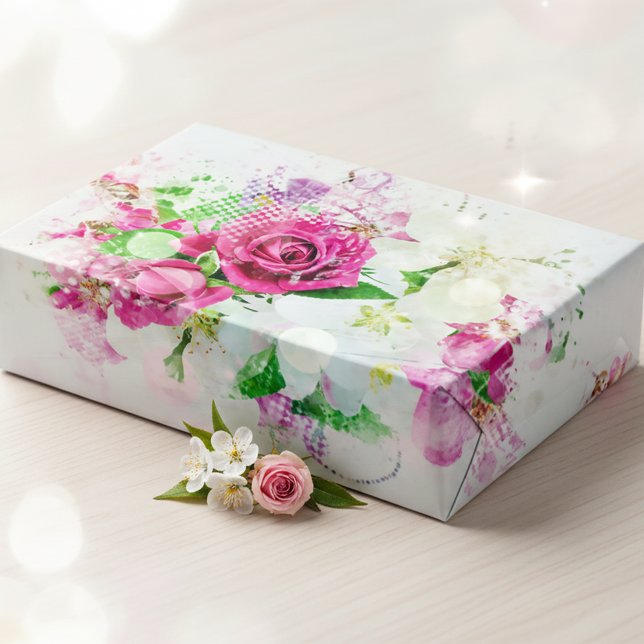 Feuille De Papier Cadeau Rose romantique avec Bokeh & Étincelles sur Blanc (Créateur téléchargé)