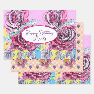 Feuille De Papier Cadeau Rose Rose fleurie Aquarelle Aquarelle Anniversaire