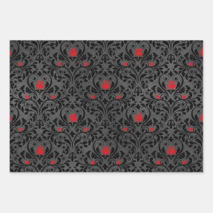Feuille De Papier Cadeau Rose rouge et Damas noir