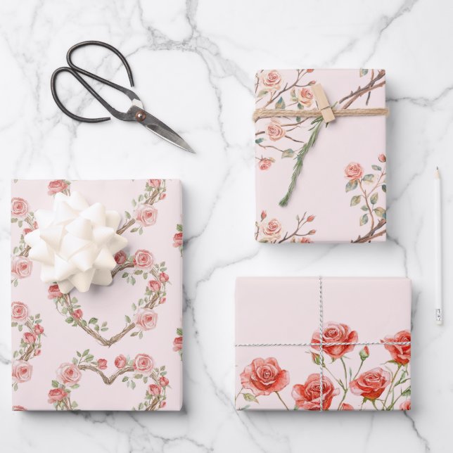 Feuille De Papier Cadeau Rose rouge romantique rose rose florale mariage co (Recto)