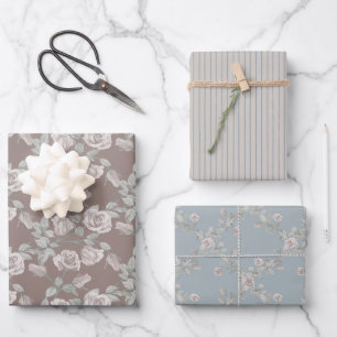 Feuille De Papier Cadeau Rose Taupe, Rayure Bleue et Treillis Bleu Poussiér