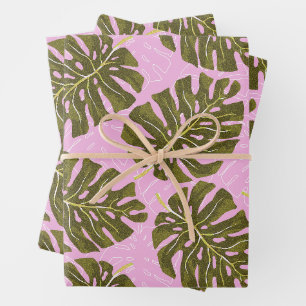 Feuille De Papier Cadeau Rose tropical de palmier vert