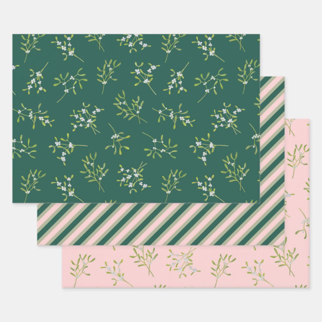 Feuille De Papier Cadeau Rose vert Mistletoe Stripes (Lot)