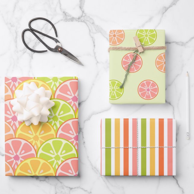 FEUILLE DE PAPIER CADEAU ROSE VERT ORANGE JAUNE FRUITS & STRIPES (Recto)