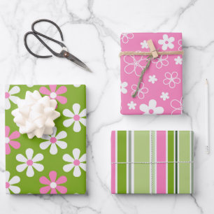 FEUILLE DE PAPIER CADEAU ROSE VERTE JOUR BLANC FLEURS & STRIPES