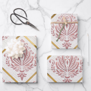 Feuille De Papier Cadeau Rose vintage de glamour Mauve Damask sur lin blanc