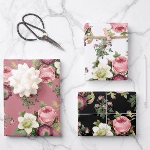 Feuille De Papier Cadeau Rose Vintage rose, noir et blanc Motifs floraux