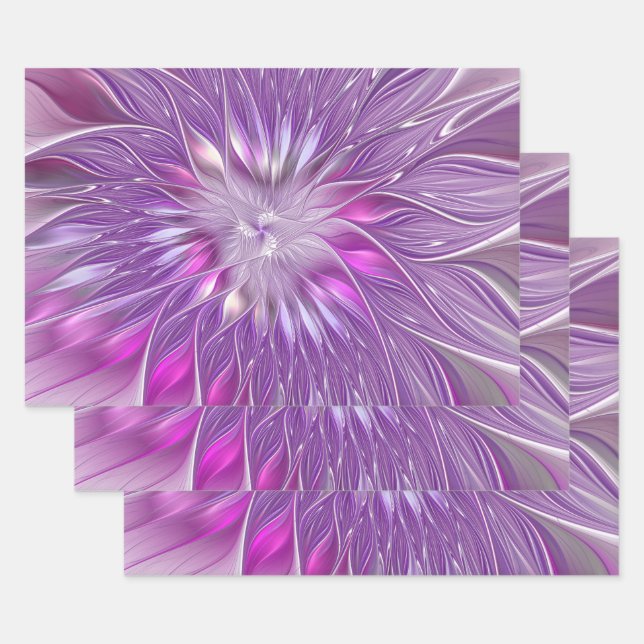Feuille De Papier Cadeau Rose violet passion Fleur Art Abstrait Fractal (Lot)