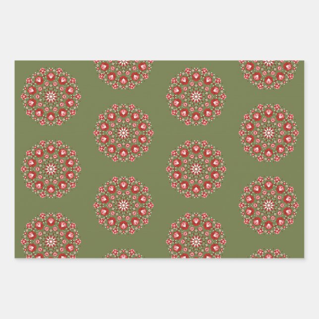 Feuille De Papier Cadeau Rosemaling vert olive (Devant)