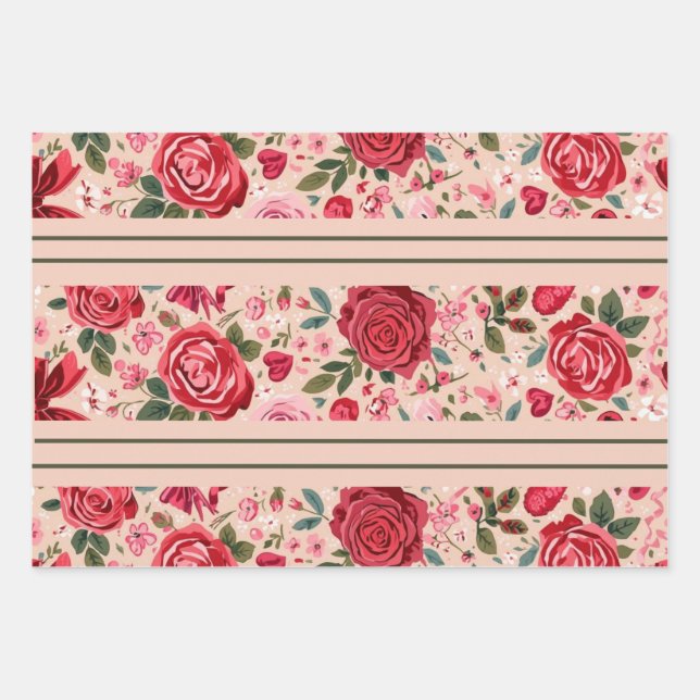 Feuille De Papier Cadeau Roses à rayures roses (Devant)