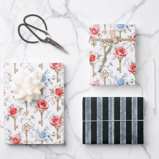 Feuille De Papier Cadeau Roses Clés Rouge Bleu Shower Nuptial (Recto)