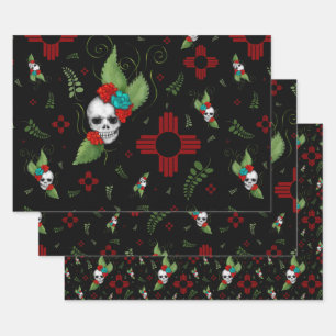 Feuille De Papier Cadeau Roses crâne Zia Sun Green Black Nouveau-Mexique