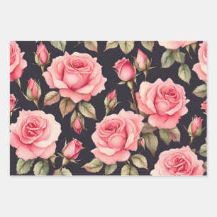 Feuille De Papier Cadeau Roses d'aquarelle rose sur Arrière - plan noir