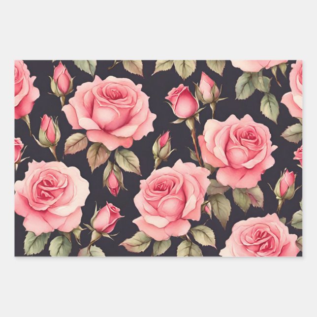 Feuille De Papier Cadeau Roses d'aquarelle rose sur Arrière - plan noir (Devant)