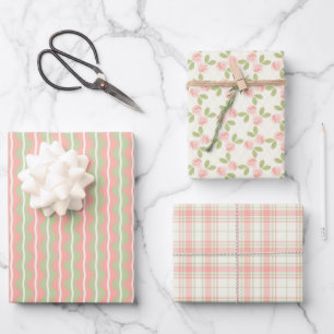 Feuille De Papier Cadeau Roses de cottage, tartan et rayures en rose foncé