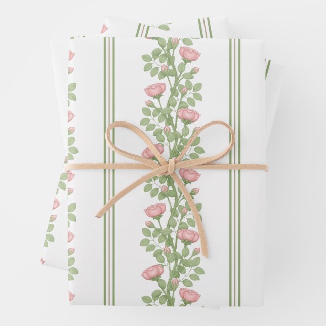 Feuille De Papier Cadeau Roses et rayures roses sur blanc (En situation)