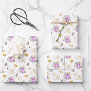 Feuille De Papier Cadeau Roses Fleurales Violettes et Dorées de Cygne