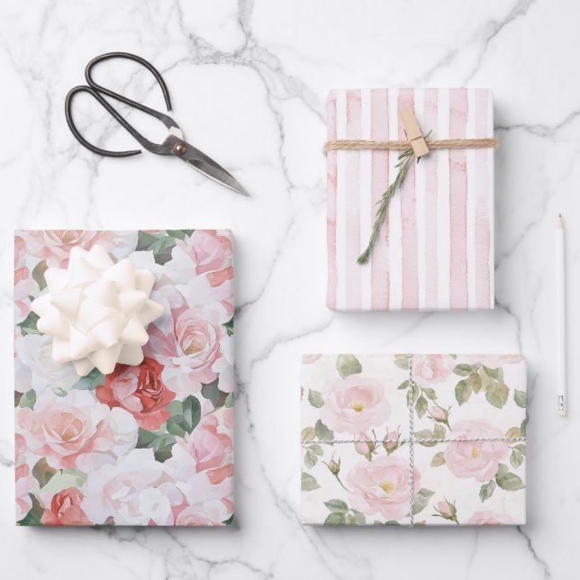 Feuille De Papier Cadeau Roses Fleurs Roses Roses Blanches Mariage (Recto)