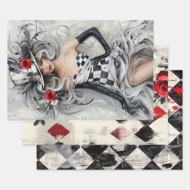 Feuille De Papier Cadeau Roses Harlequin (Lot)
