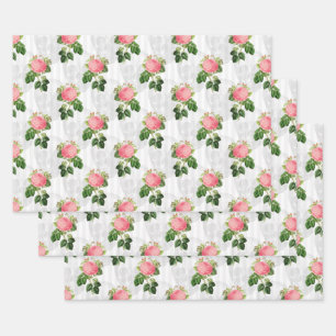 Feuille De Papier Cadeau Roses roses et crânes roses sur blanc