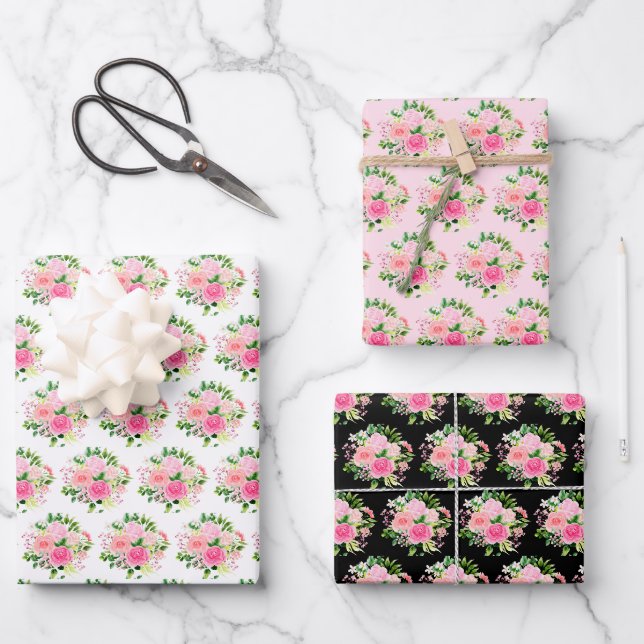 Feuille De Papier Cadeau Roses roses fleurs et verdure (Recto)