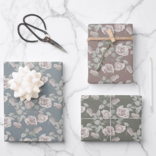 Feuille De Papier Cadeau Roses roses poussiéreuses sur fond bleu gris, taup