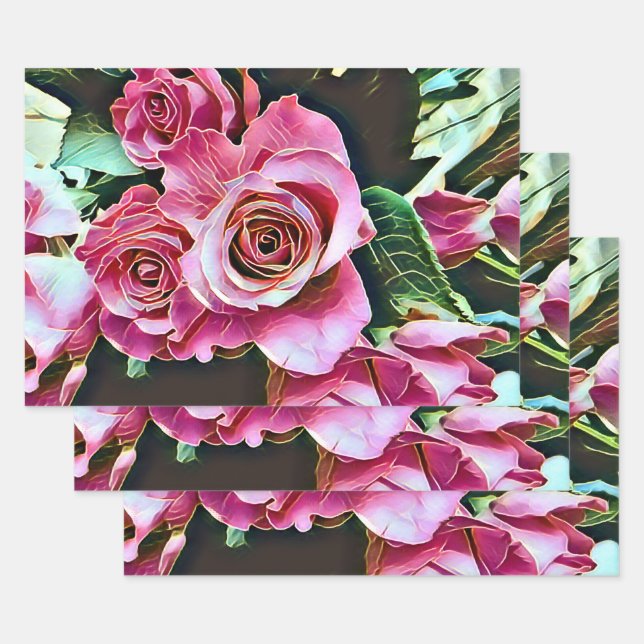 FEUILLE DE PAPIER CADEAU ROSES ROSES ROSES (Lot)