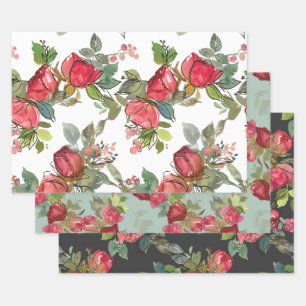 Feuille De Papier Cadeau Roses roses rouges Berries Vert Aquarelle Florale