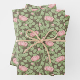 Feuille De Papier Cadeau Roses roses sur brun