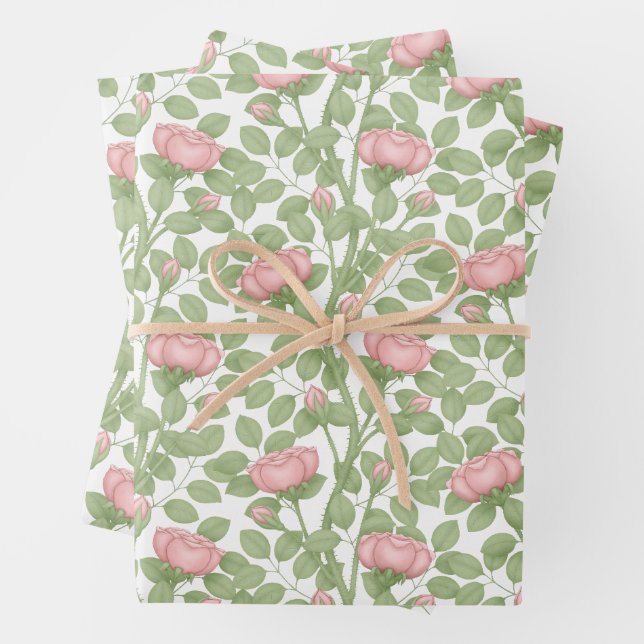 Feuille De Papier Cadeau Roses roses sur fond blanc (En situation)