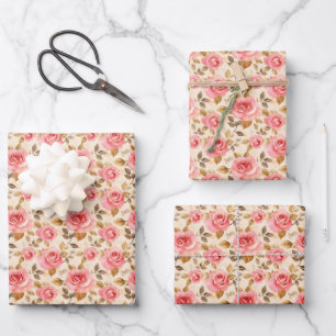 Feuille De Papier Cadeau Roses roses sur jaune pâle