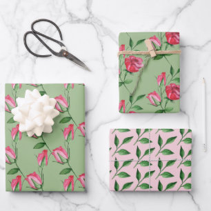 Feuille De Papier Cadeau Roses rouges aquarelle peinte à la main