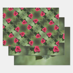 Feuille De Papier Cadeau Roses rouges classiques sur fleurs vertes
