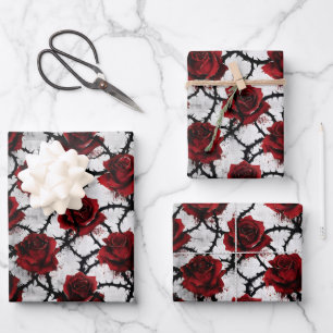 Feuille De Papier Cadeau Roses Rouges Épineuses Gothiques Amour Sombre Anti
