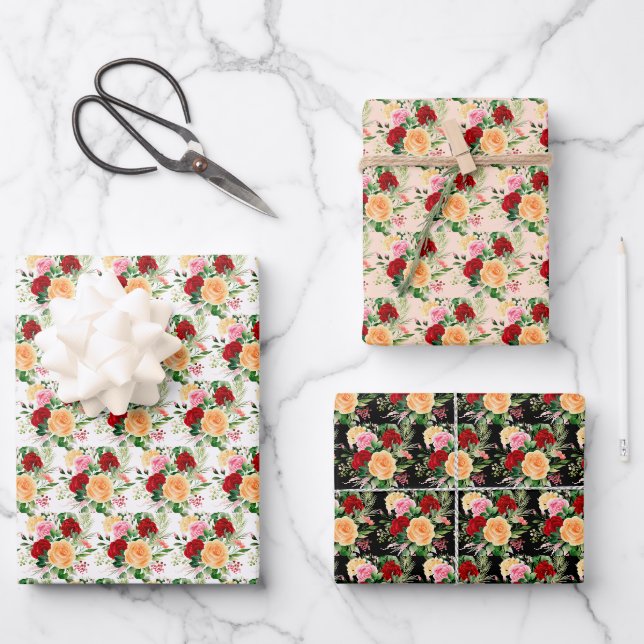 Feuille De Papier Cadeau Roses rouges et oranges romantiques  (Recto)