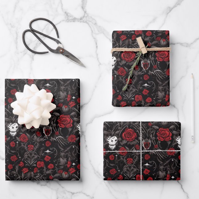 Feuille De Papier Cadeau Roses Rouges Gothiques et Crânes (Recto)