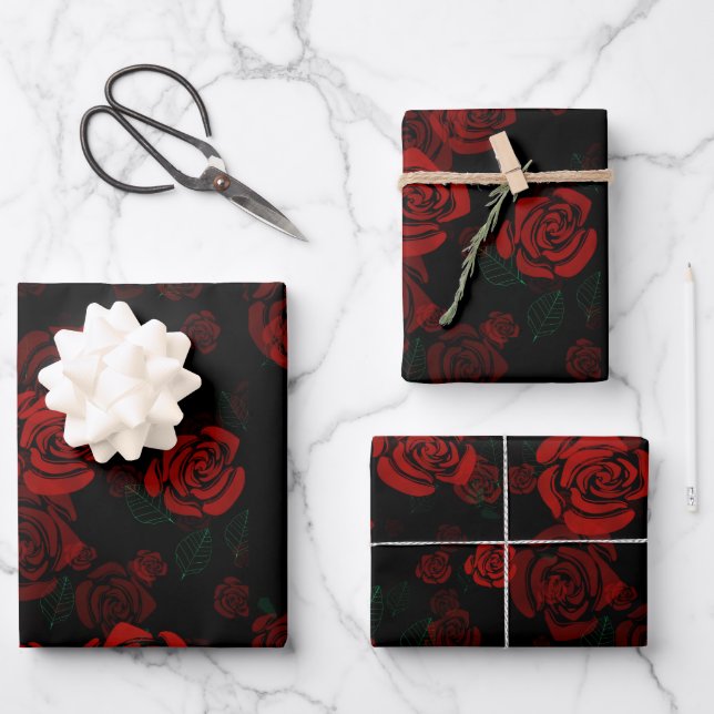 Feuille De Papier Cadeau Roses rouges romantiques (Recto)