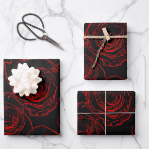 Feuille De Papier Cadeau Roses rouges sur fond noir